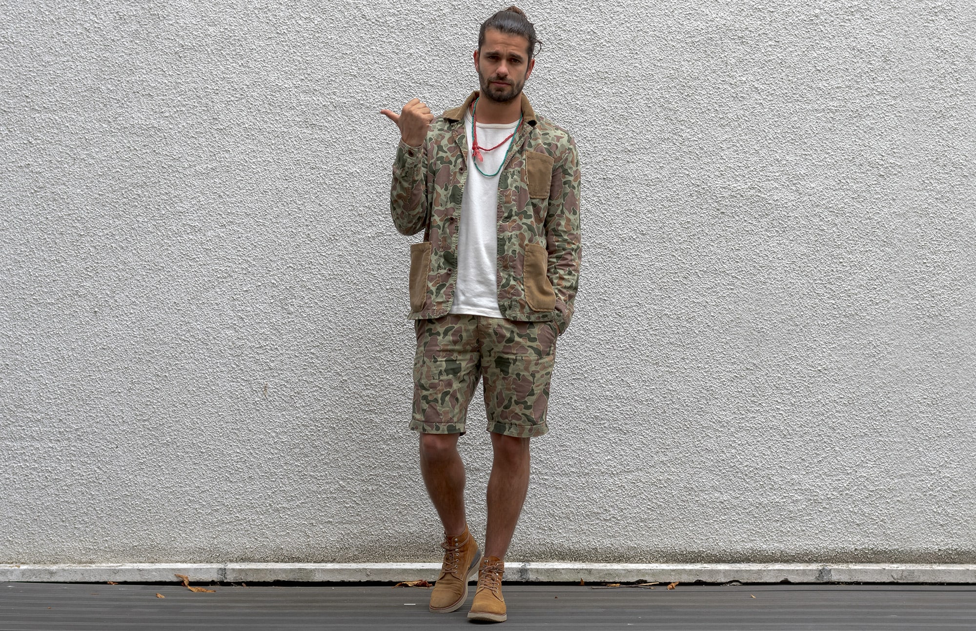 porter un imprimé cmo dans une tenue pour homme workwear oufit from edwin denim brand with a camo pattern and visvim virgil boots