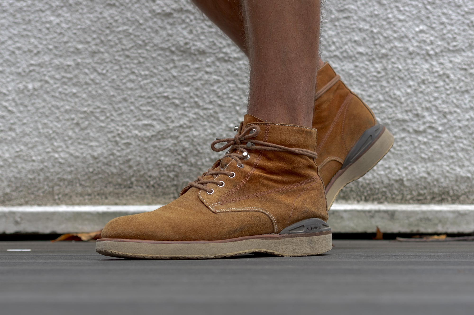 workwear oufit from edwin denim brand with a camo pattern and visvim virgil boots