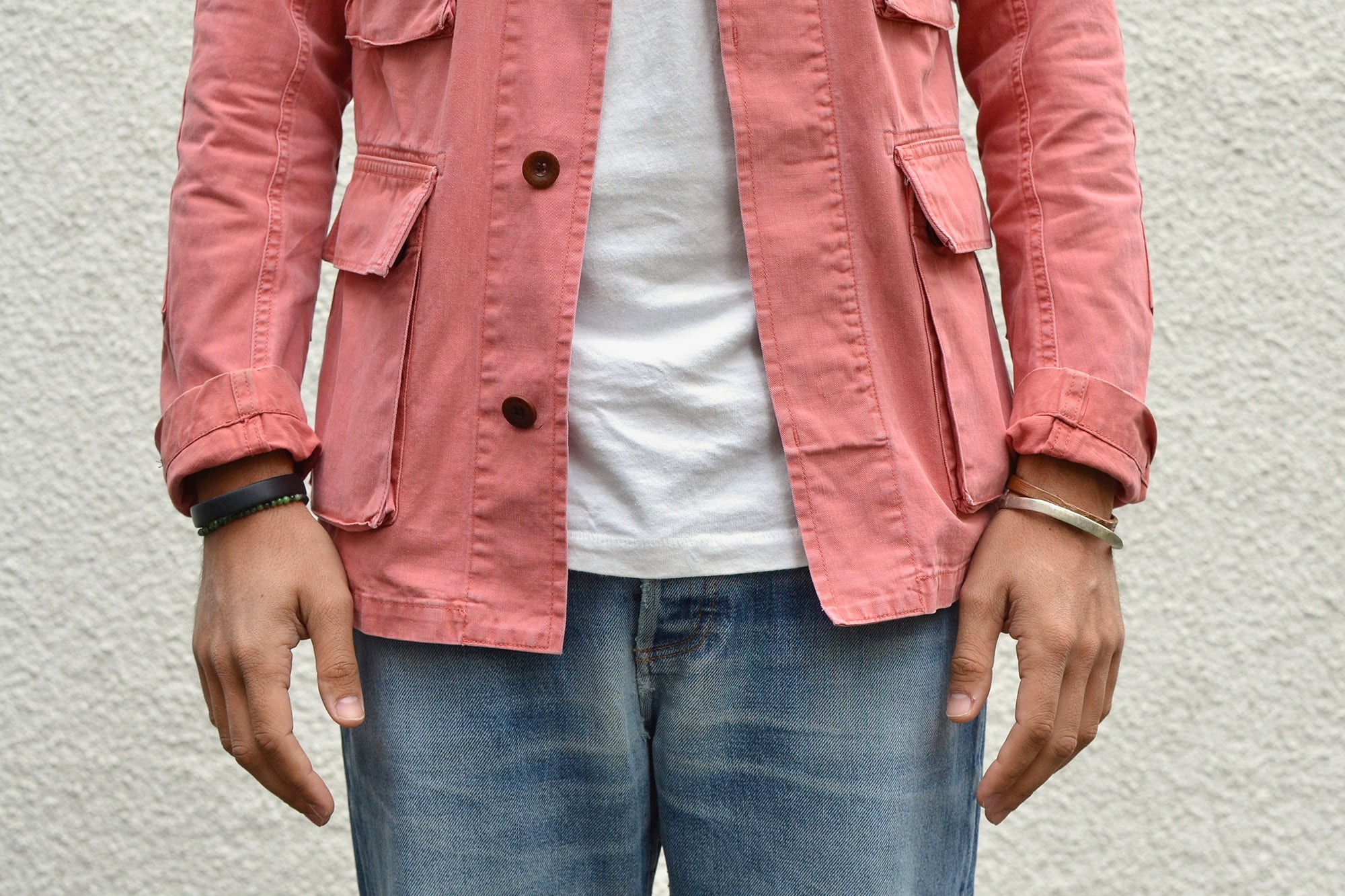 Visvim kilgore jacket salon pink SS 2012 and white tee with apc butler jeans