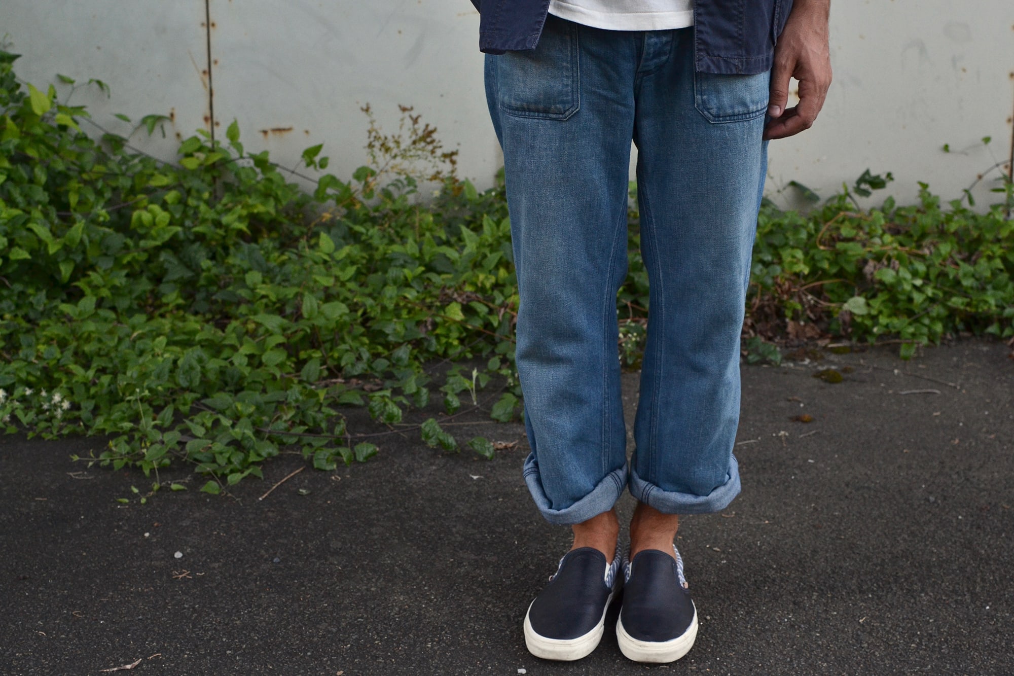 a shawl coverall jacket from US Navy and Overlord Brand marine française tee - visvim deck pants damaged indigo