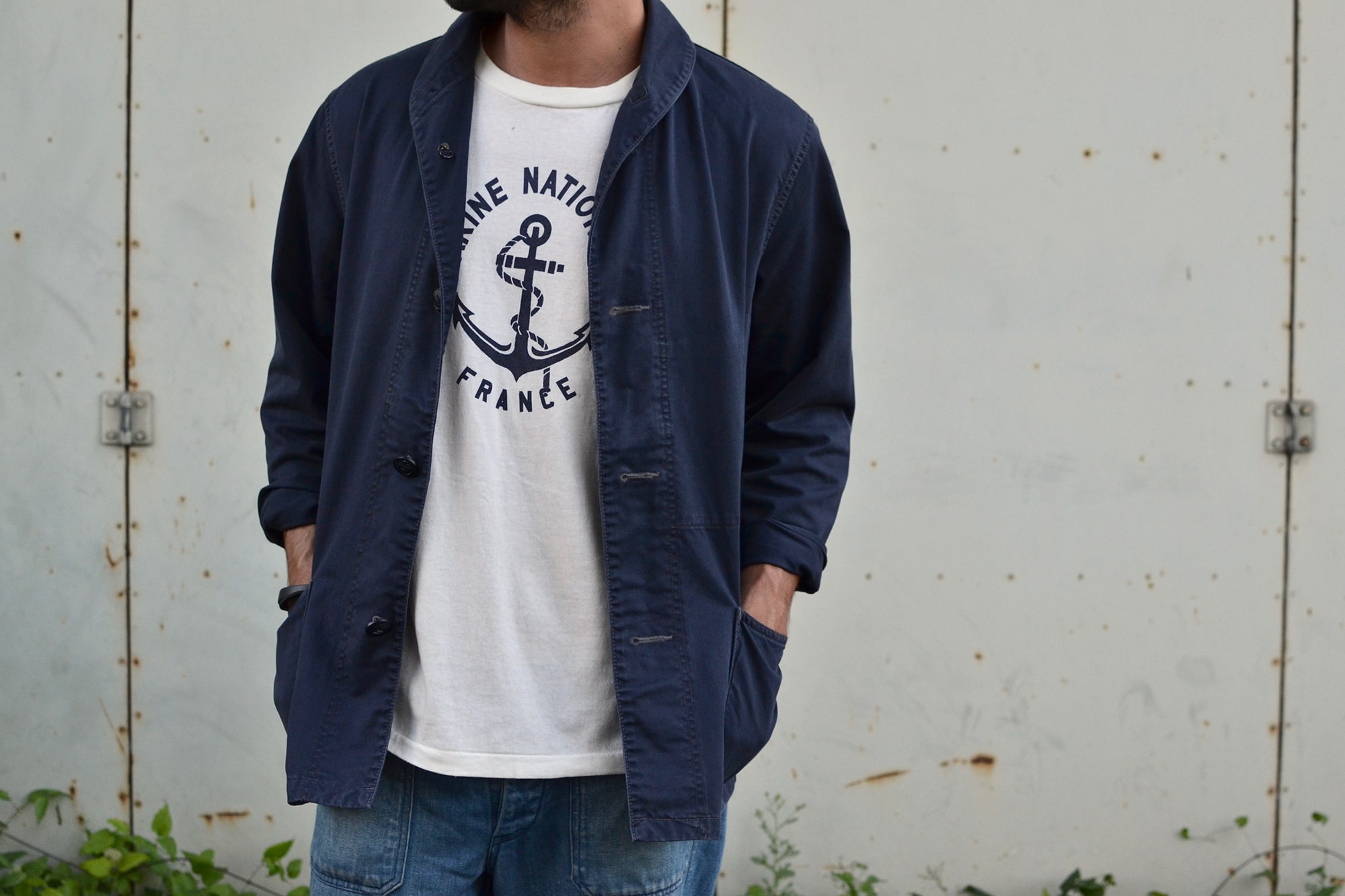 a shawl coverall jacket from US Navy and Overlord Brand marine française tee