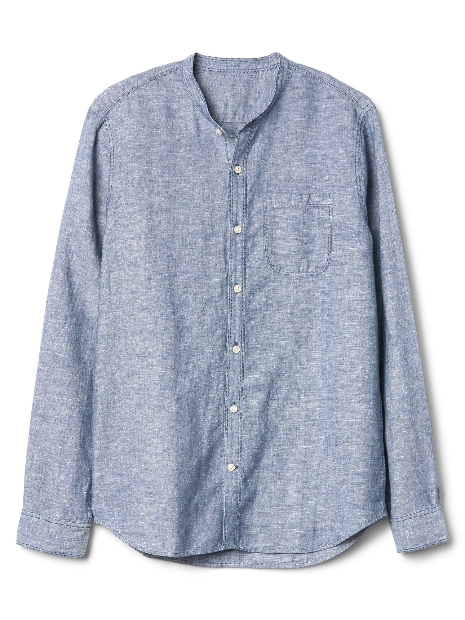 Standard Fit Band Collar Shirt in Linen-Cotton 