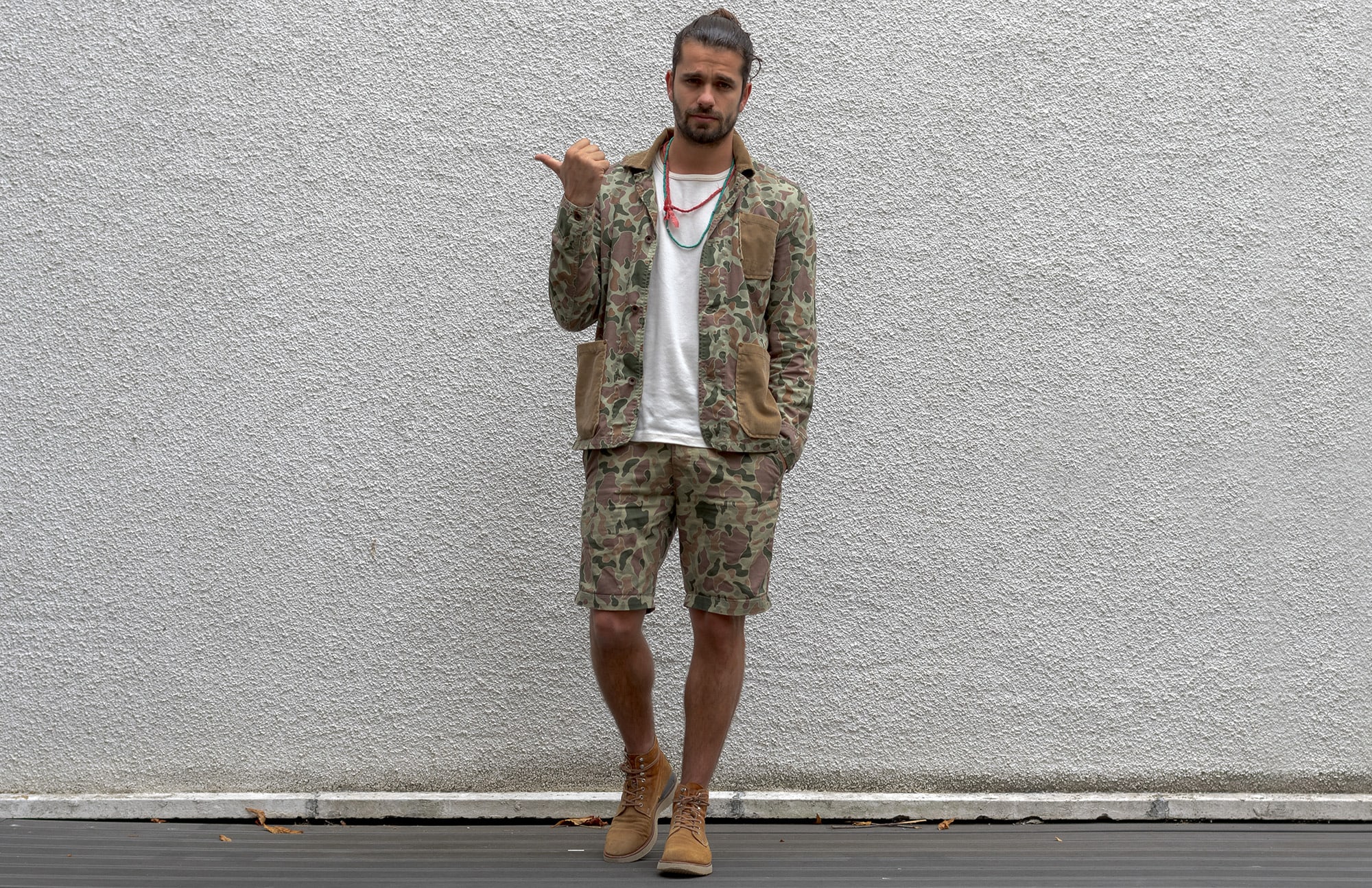 workwear oufit from edwin denim brand with a camo pattern and visvim virgil boots 