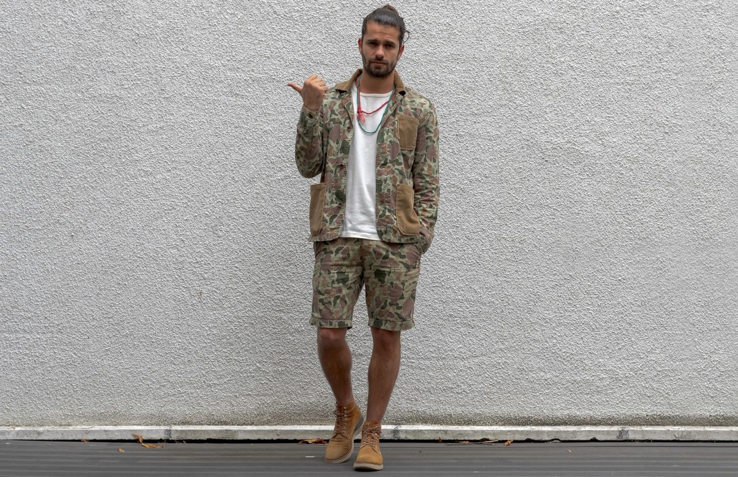 workwear oufit from edwin denim brand with a camo pattern and visvim virgil boots imprimé camo