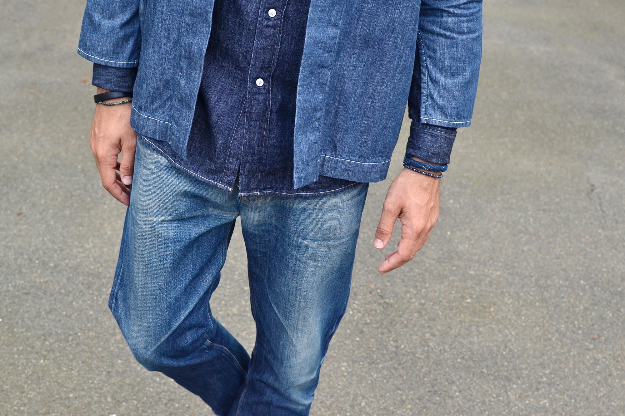 comment porter une noragi Visvim avec un layering de denim et un jeans apc tapered