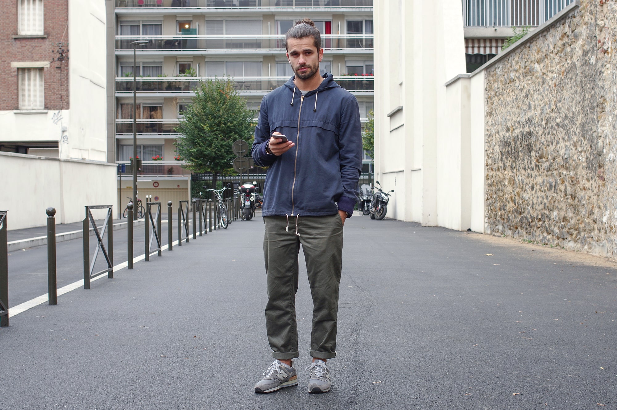 outfit with Norse Projects aros heavy chinos, apc jacket and new balance 576 sneakers