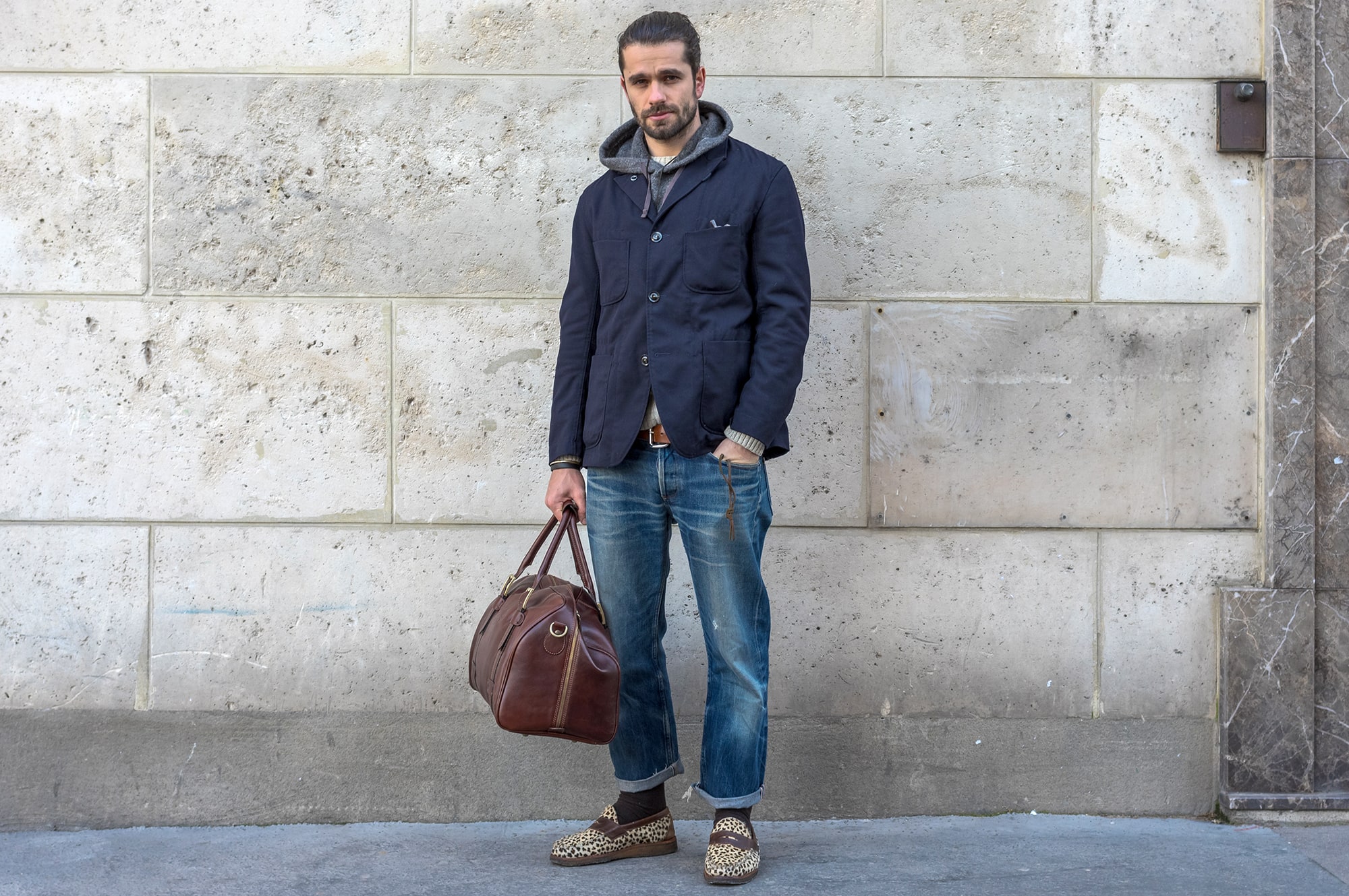 blog mode homme street heritage workwear - Engineered garments bedford jacket @ hooded interliner - Edwin knit - Frères de voyage- APC jeans - Yuketen leopard penny loafer