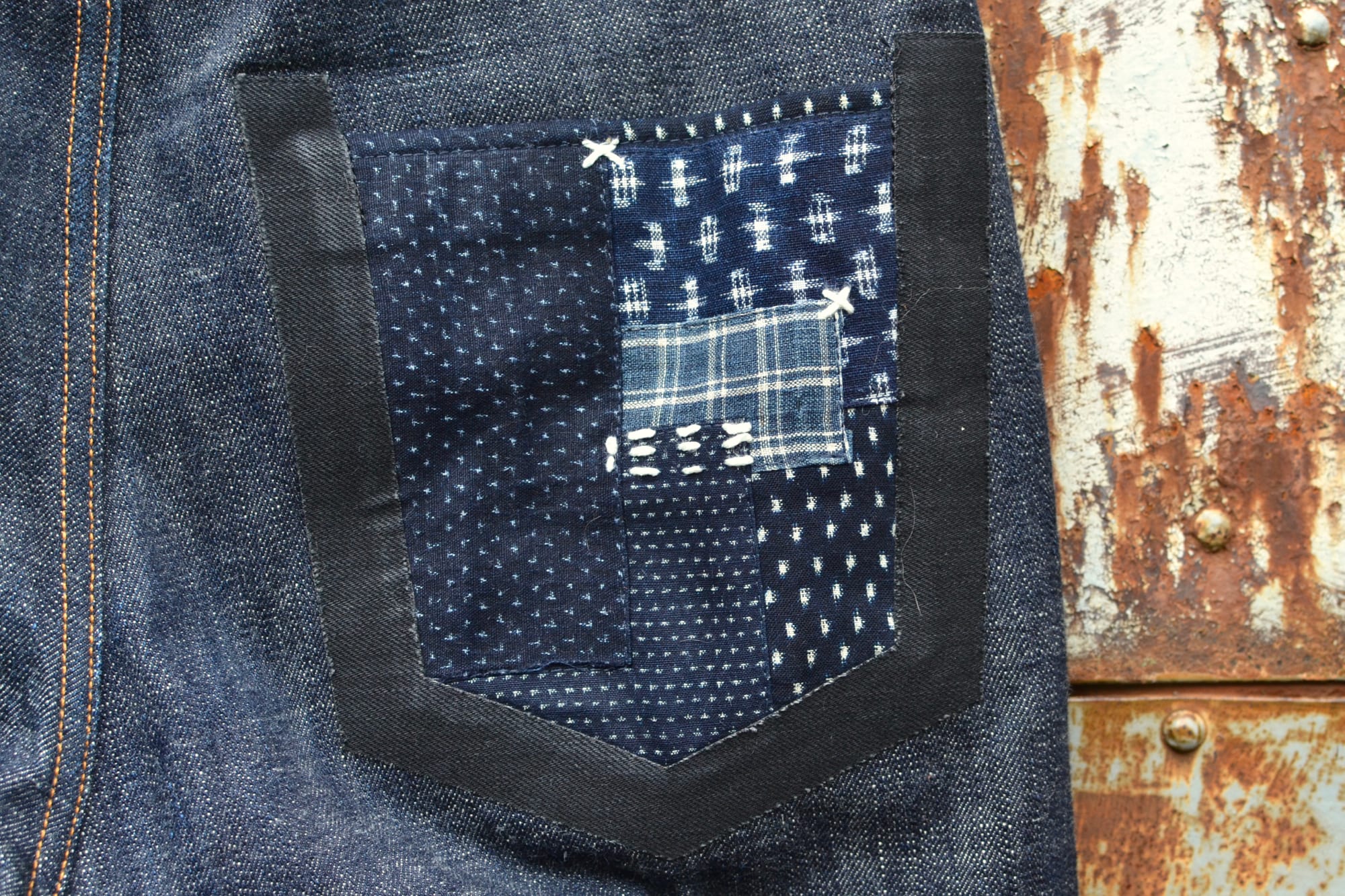 PHI DENIM PHI04 16oz jeans raw selvedge MADE IN JAPAN jeans Pocket made with kimono offcuts, Tsugihagi つぎはぎ 
