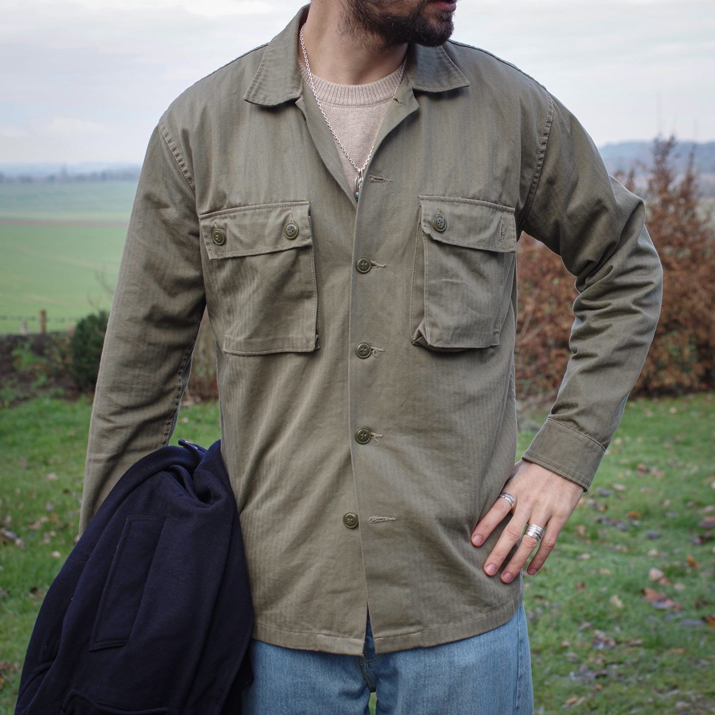 chemise militaire en coton HBT olive marque Arashi denim modèle CISO
