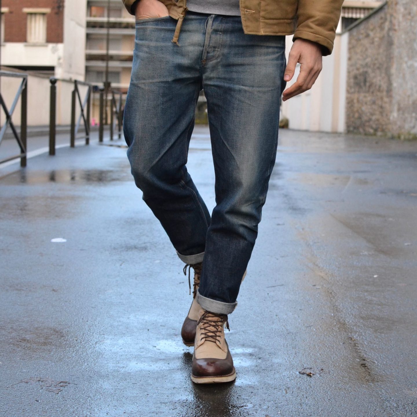 jean coupe tapered et work boots homme
