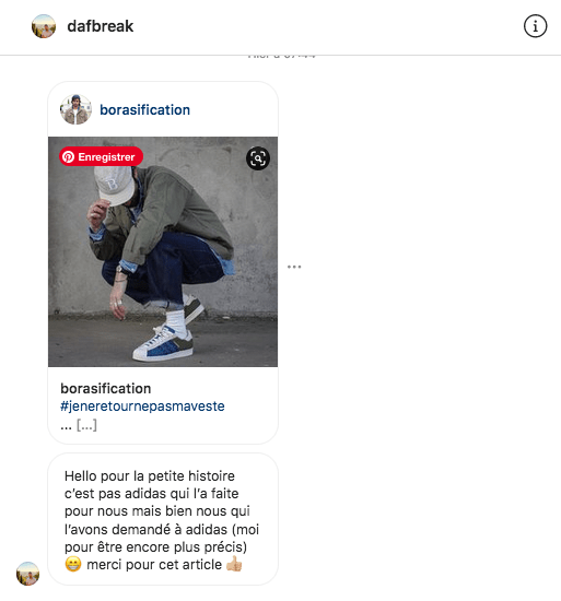 échange instagram entre Borasification et abonné - proche communauté
