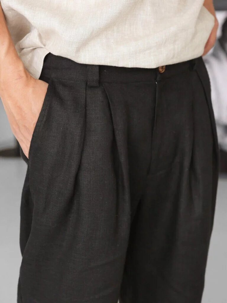 black ficus linen loose pleat pants close up taille