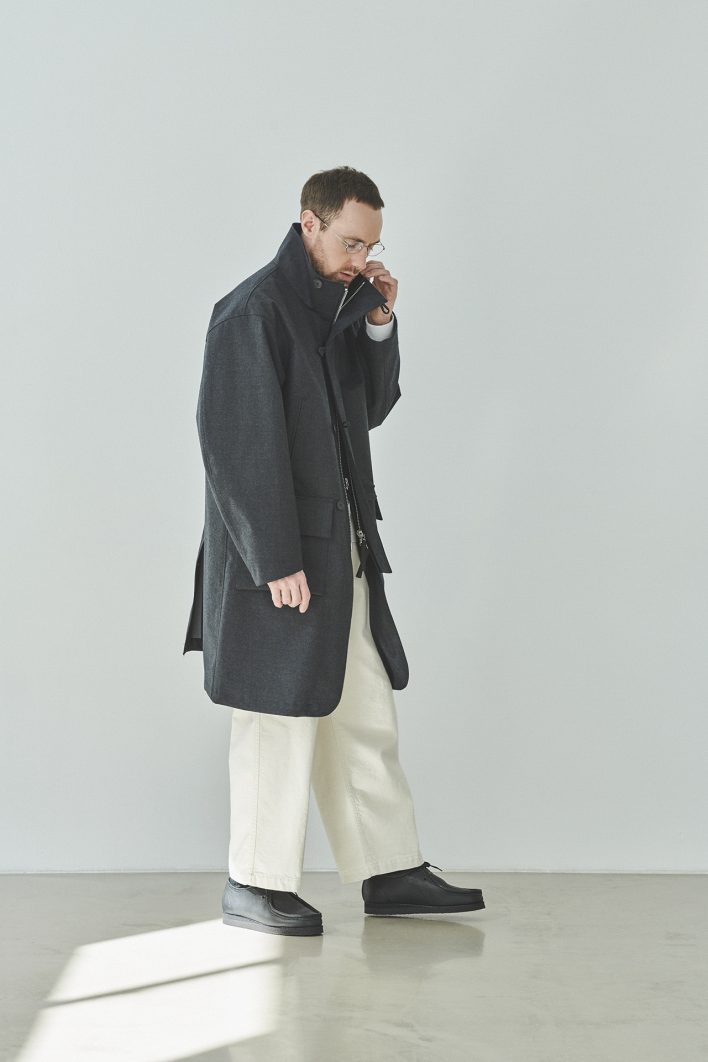 still by hand 2022 lookbook garment dyed wide pants 3 layer stand collar coat