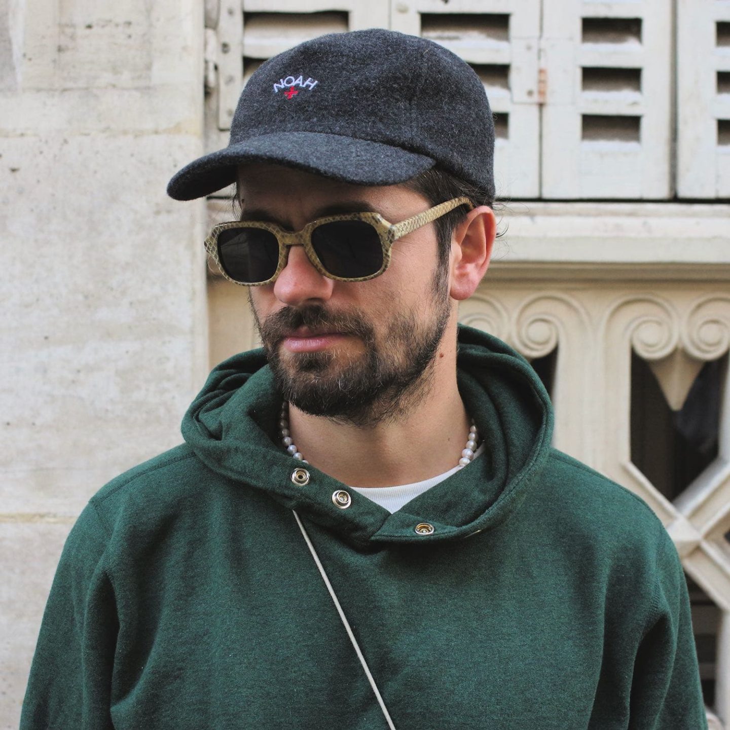 sunglasses Supreme model marvin faux pything worn with noah wool cap & hoodie snap green
