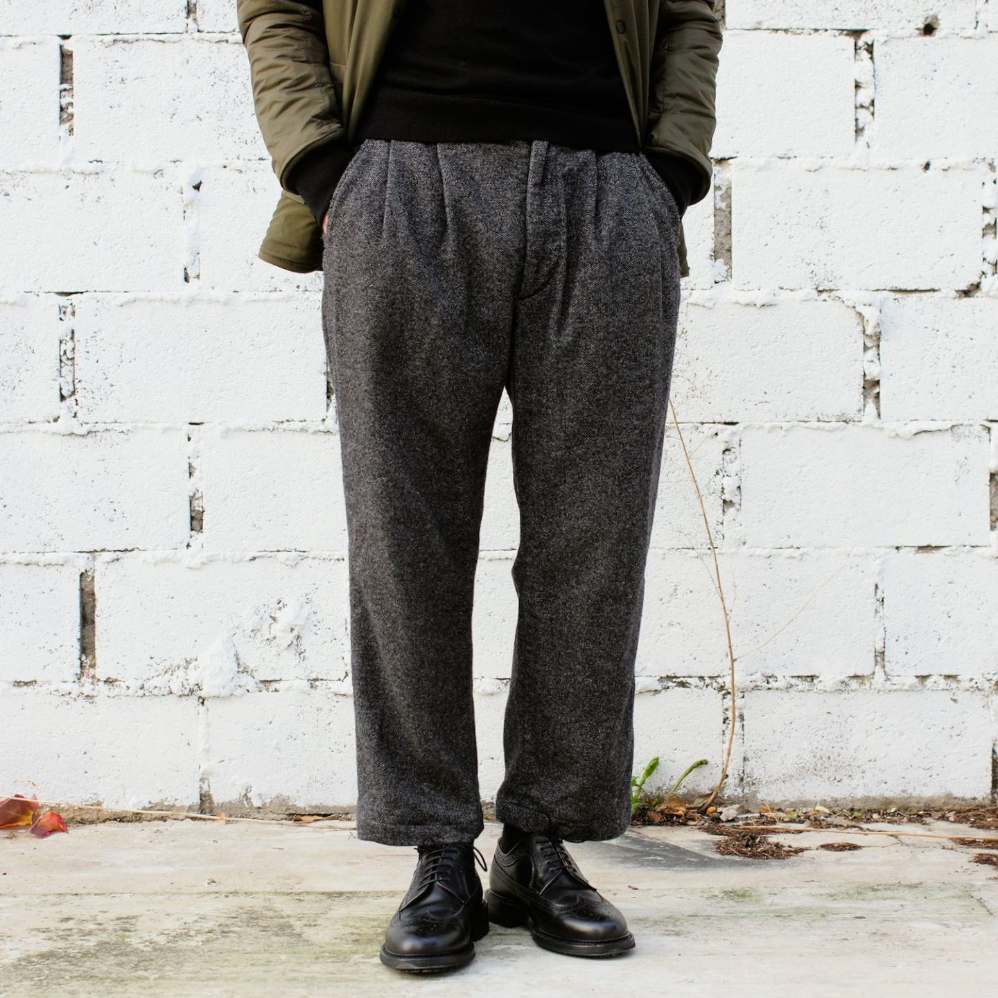 engineered garments pleated pants emerson wool homespun et longwing brogues maw sauveur