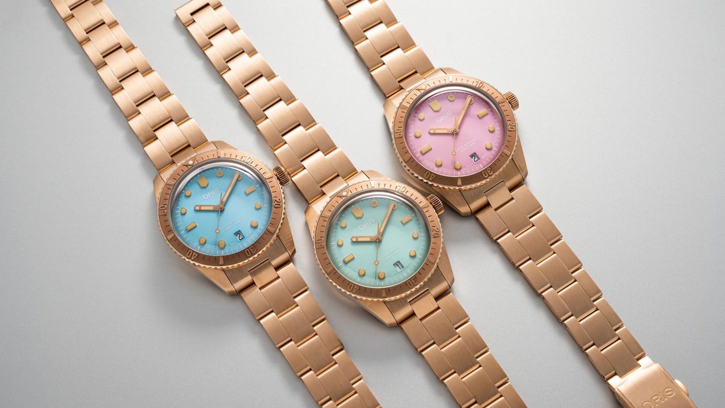trois montres Oris en bronze collection cotton candy