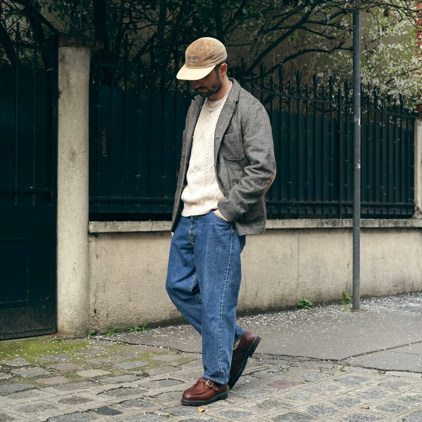 mens outfit with an engineered garments bedford jacket, an Aran style knit, a high waist pair of jeans from Borali and Paraboot Michael bride shoes