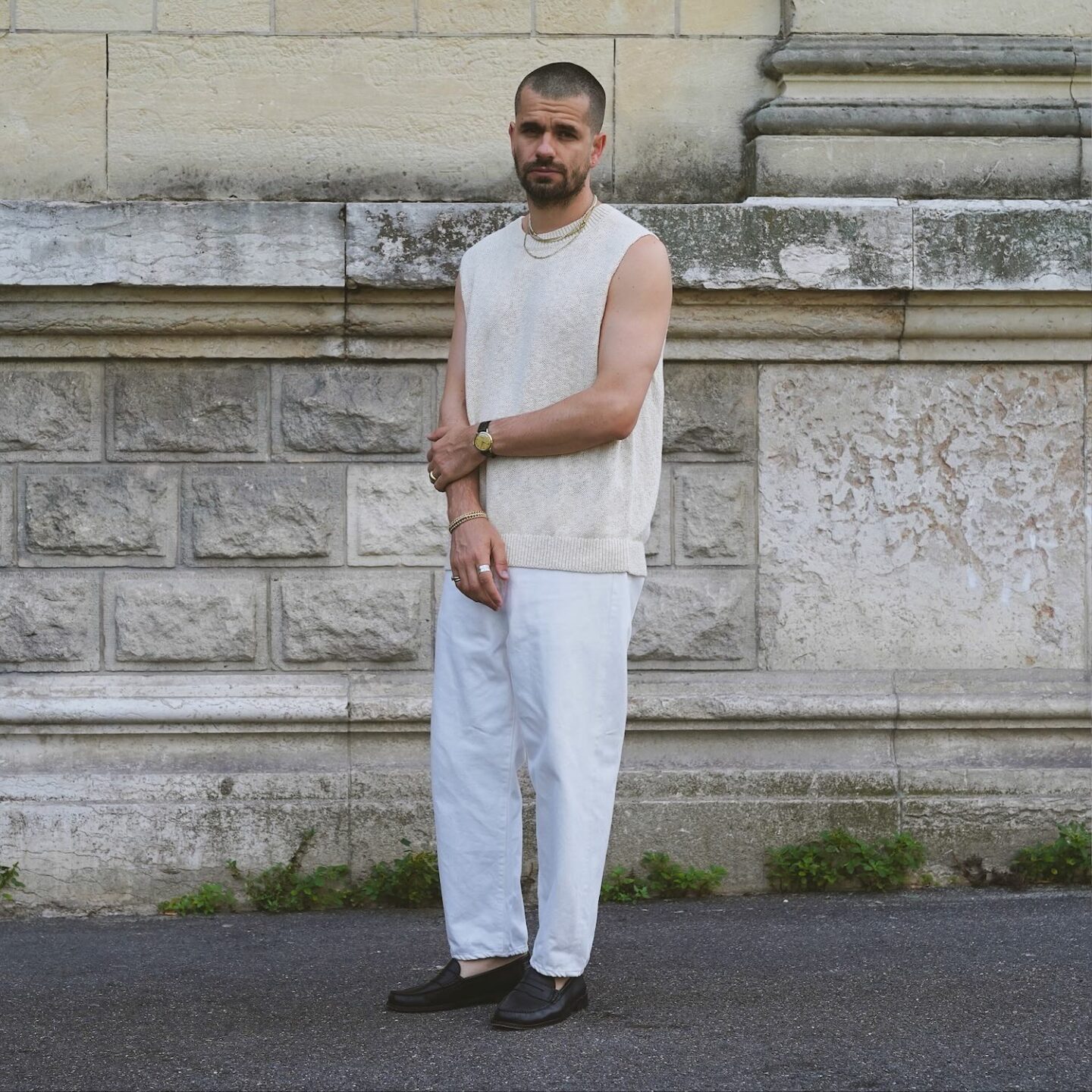 débardeur en maille cos et jean blanc taille haute borali