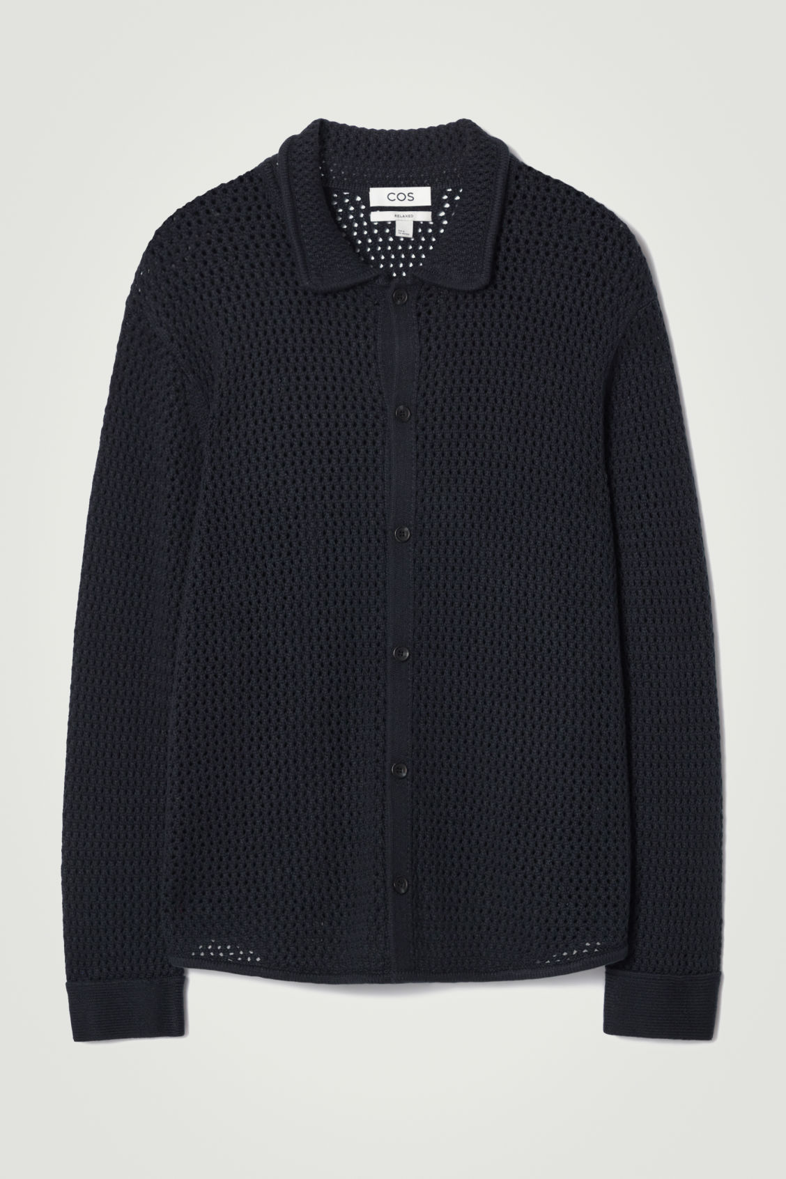 Cos homme hiver 2024 collection FW24 cardigan col polo crochet laine maille ajourée navy