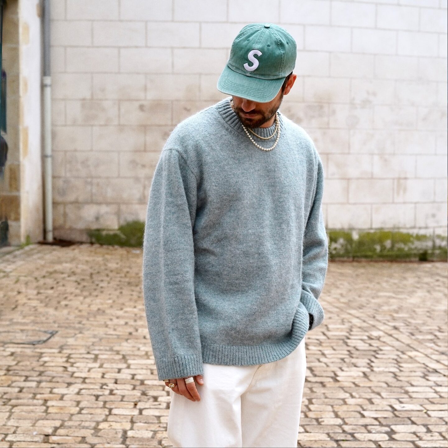 pull cos en laine et alpaga coupe oversize bleu chiné homme