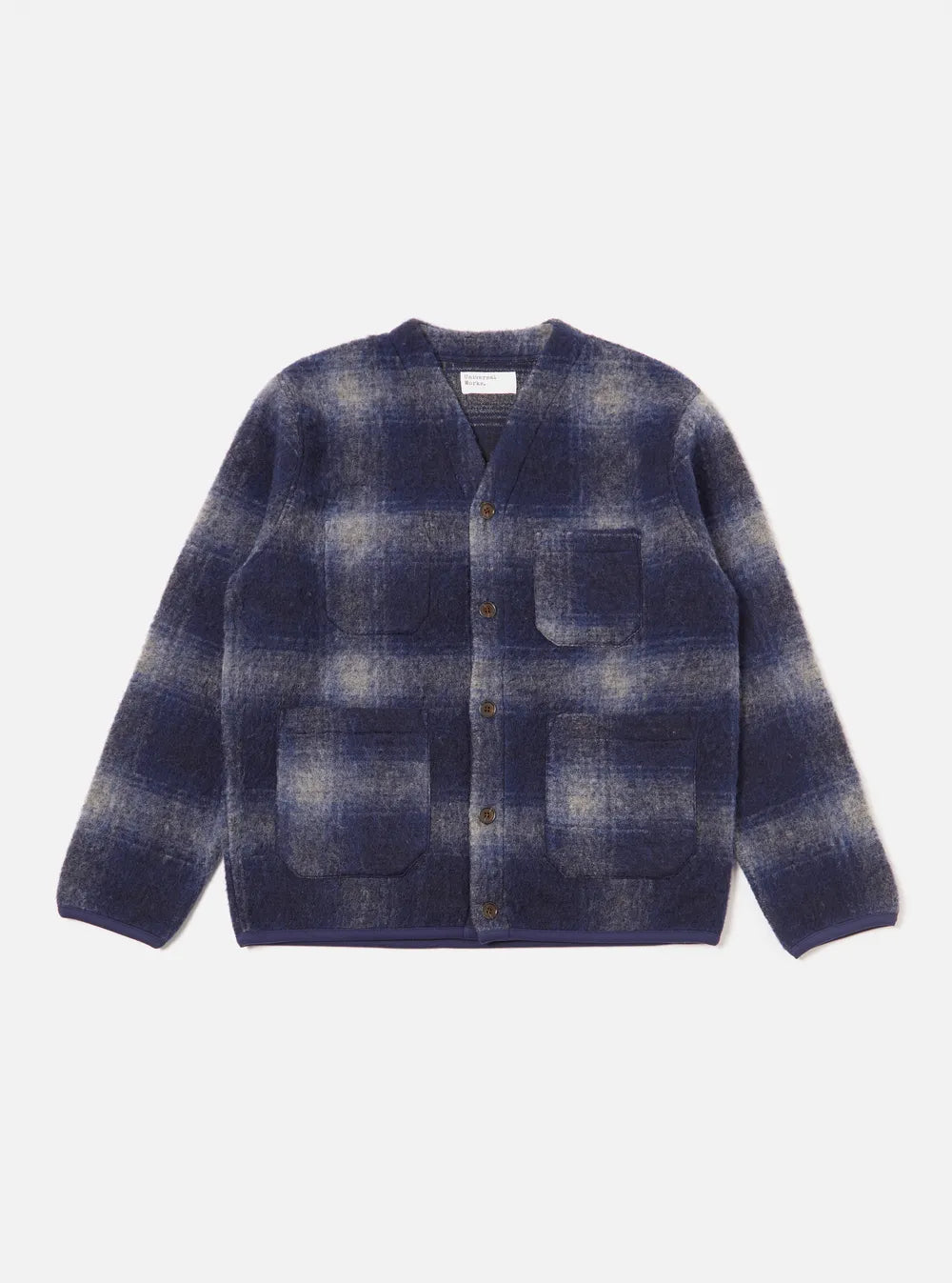 Cardigan universal works laine bleu carreaux fondu