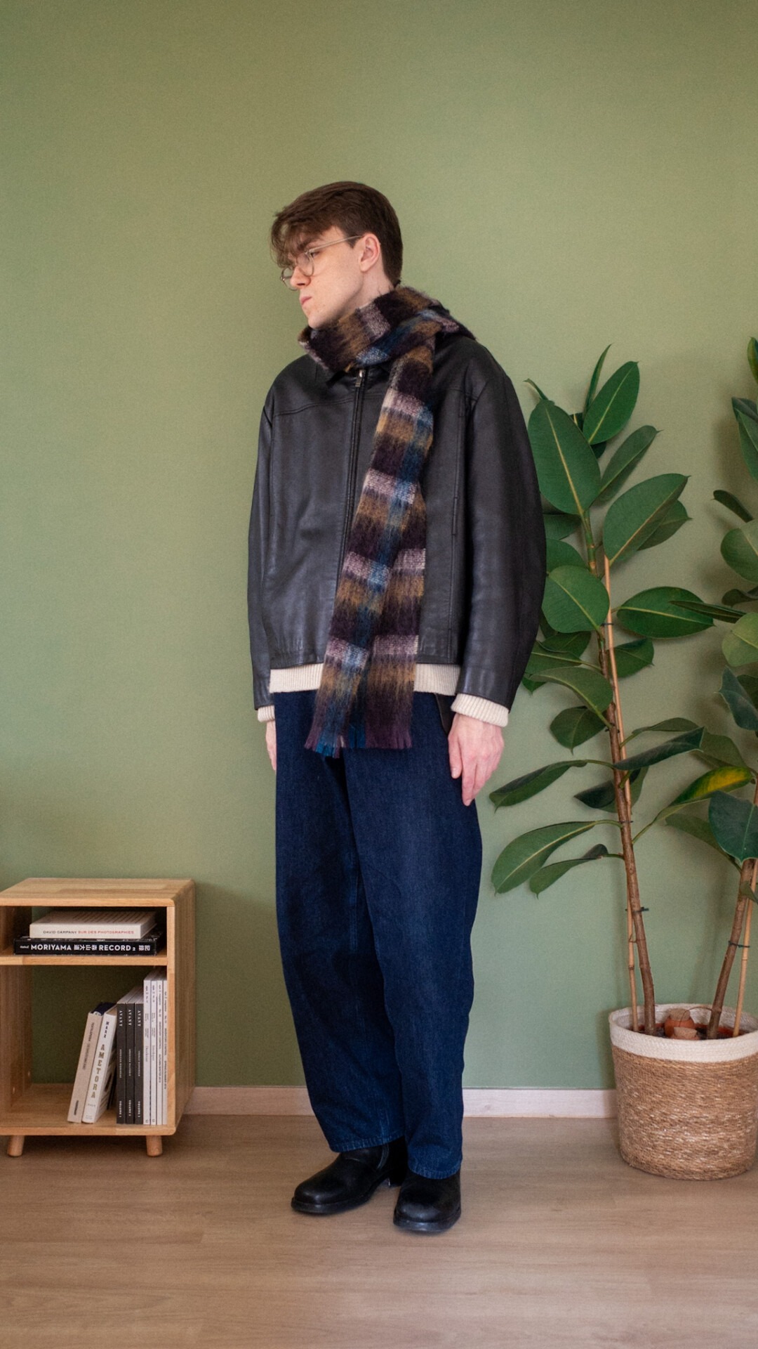 samuel tweed echarpe mohair scarf check Zara leather jacket MHL sweater Uniqlo denim Camion boots Our Legacy