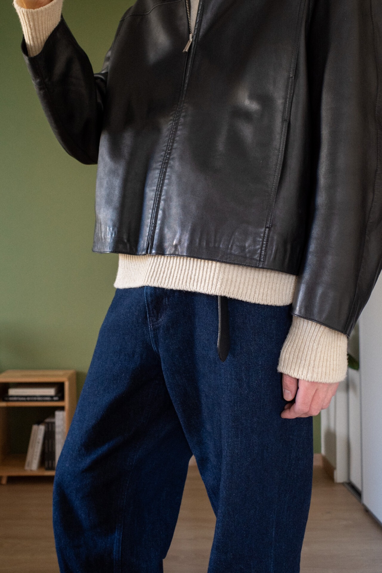 Blouson cuir Zara MHL dry merino sweater Jean Uniqlo wide large ceinture ring belt Yoko Sakamoto