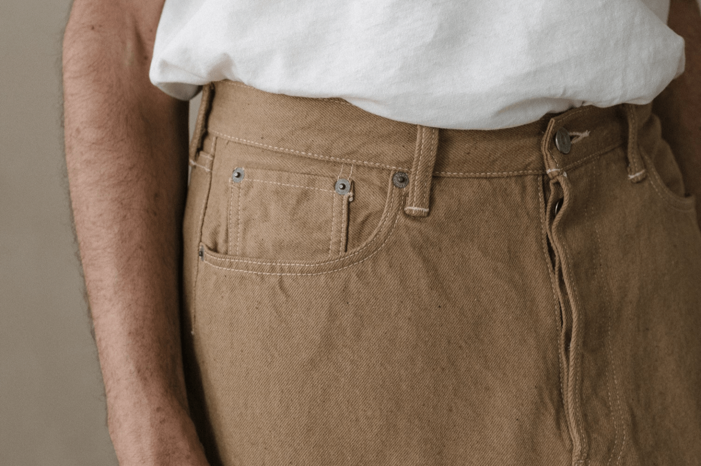 Evan Kinori orslow foxfibre cotton light brown jean denim SS25 collection lookbook