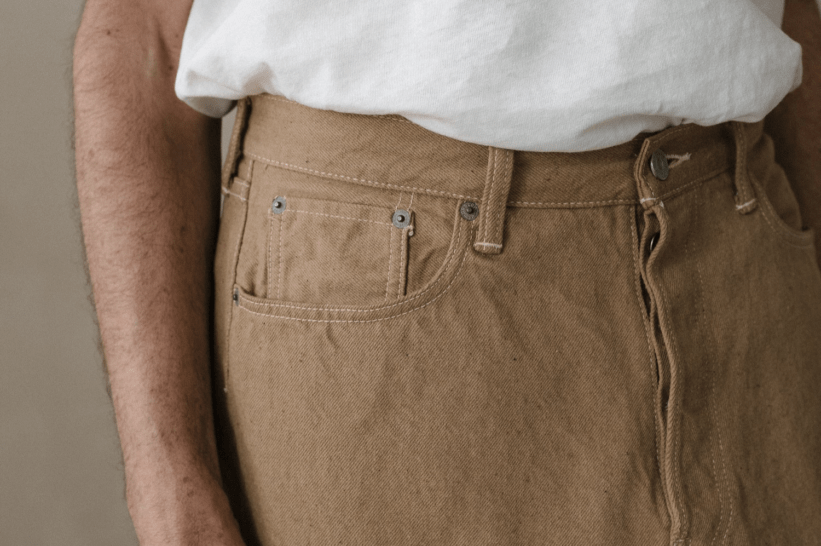 Evan Kinori orslow foxfibre cotton light brown jean denim SS25 collection lookbook