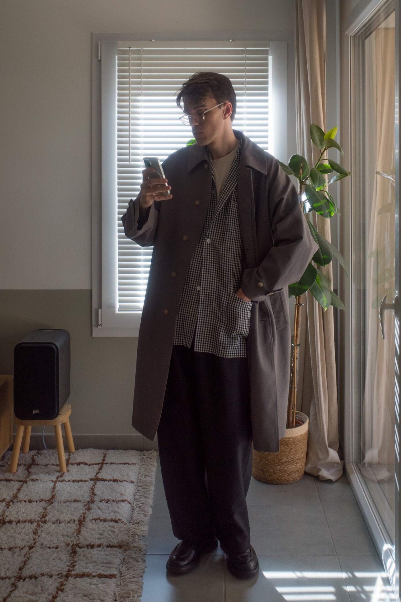 Cornier Worsted Wool/Paper Balmacaan Long Coat