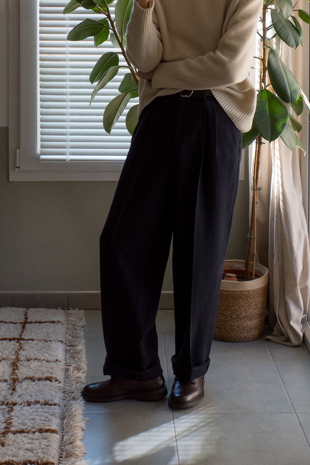 Pantalon à plis homme bleu marine en laine