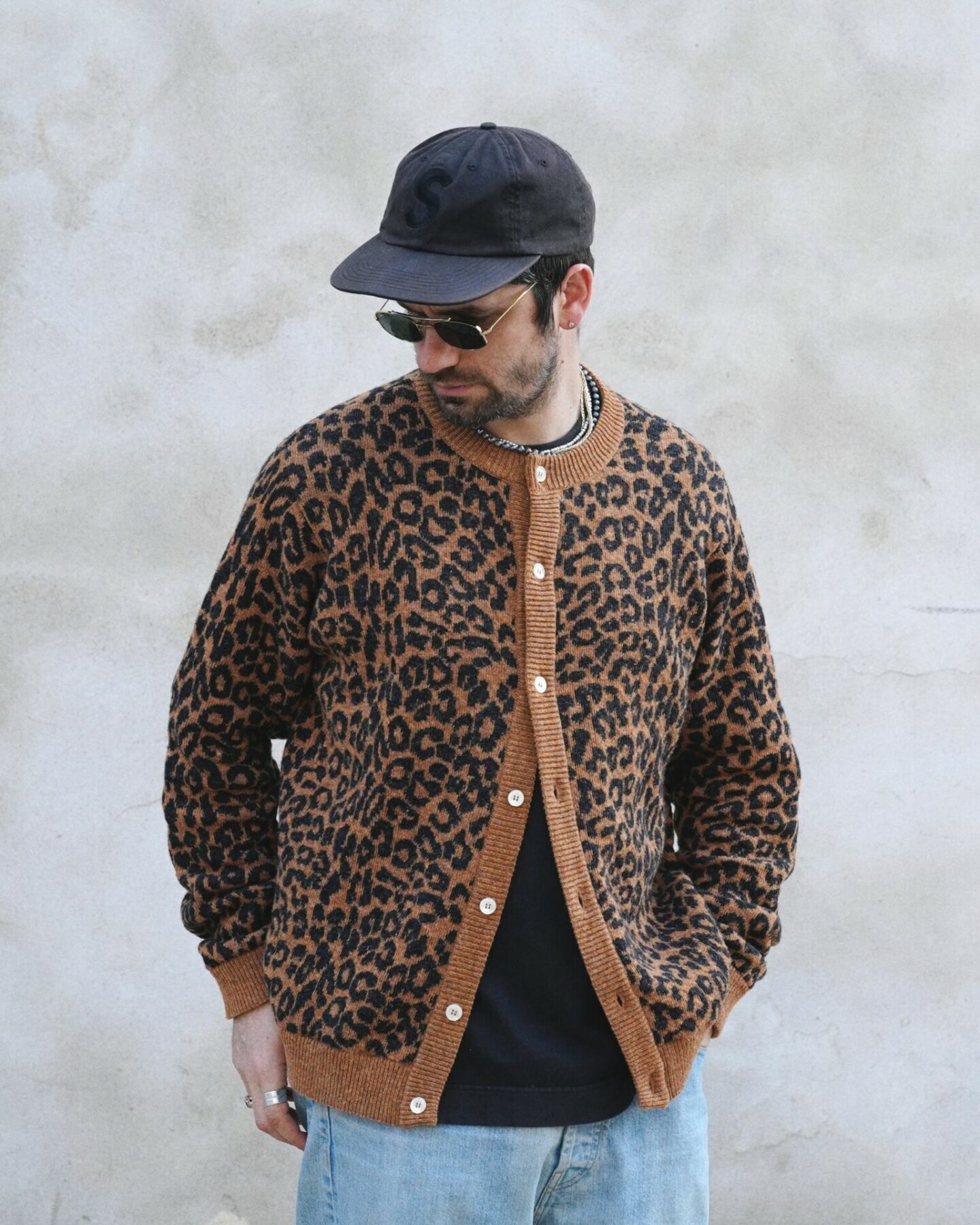 noah nyc cardigan leopard pattern shetland wool